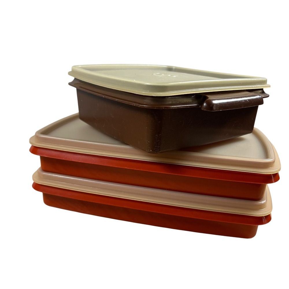 Vintage Tupperware Set Burnt Orange Brown Bacon Deli Meat‎ Keepers 3pc 794 1242